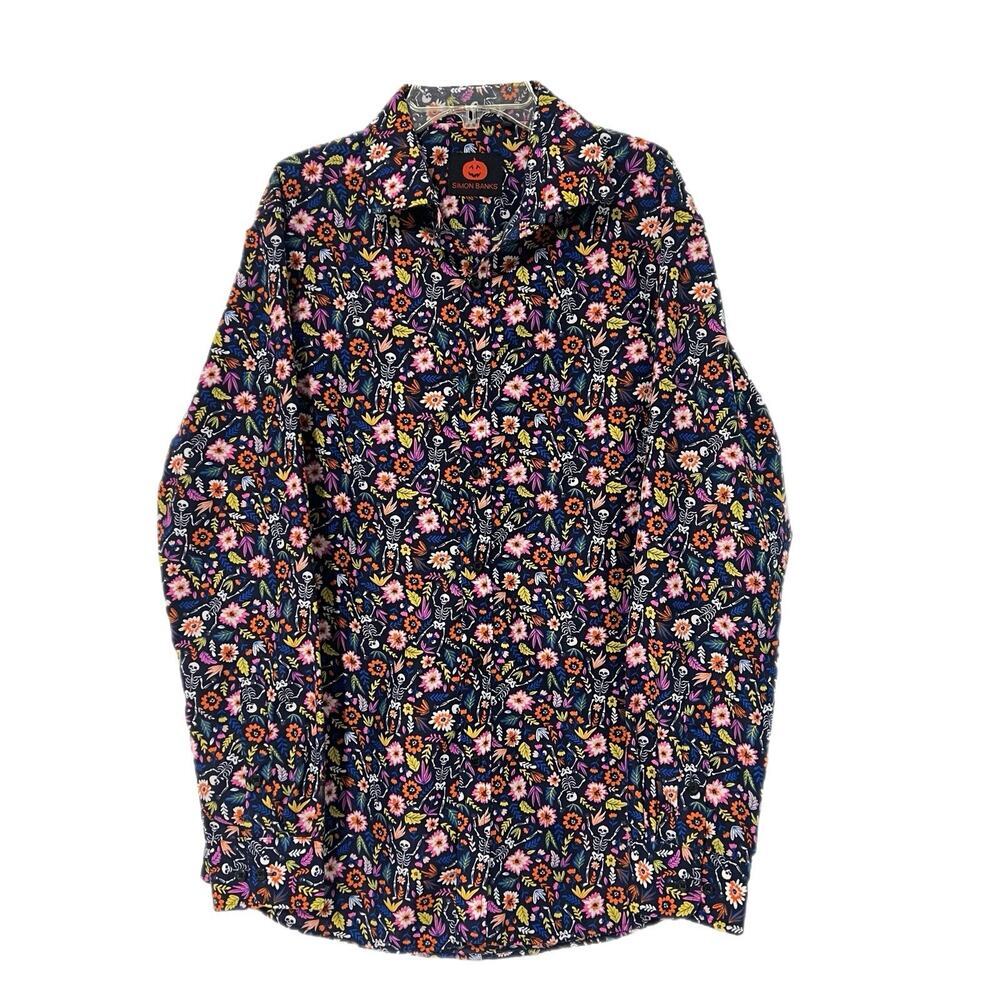 Simon Banks Multicolor Halloween Skeleton Floral Button Down Shirt Men's M